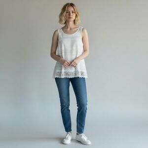 Fat Face White Cotton Crochet Lace Button Back Sleeveless Tank Top Womens Size 4